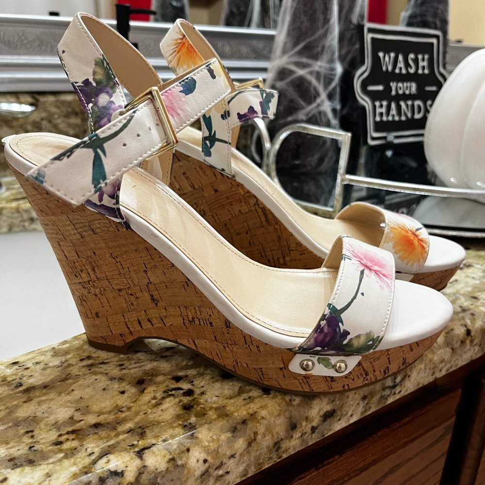 Nine West Floral Cork Wedge Heels